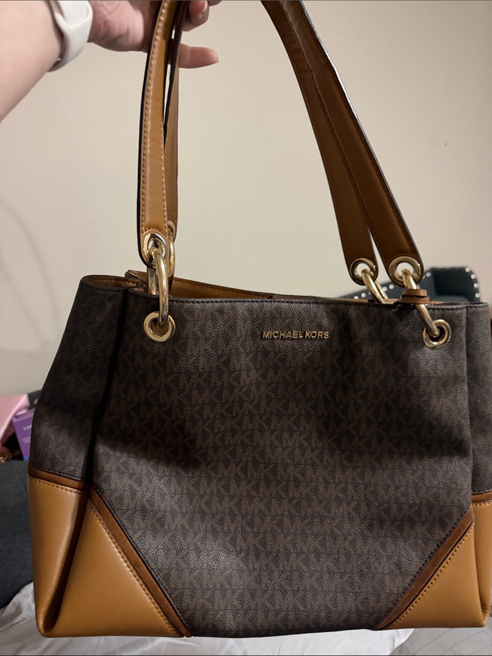 Michael Kors Brown Logo Canvas Shoulder Bag with Tan Leather Trim